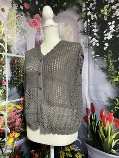サマンサモスモスブルー　グレー レース編み ニットベスト　フリー