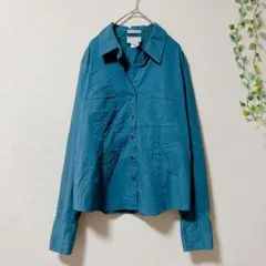OLD NAVYシャツ 長袖 M ブルーグリーン ストレッチ 青緑