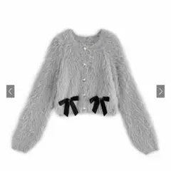 古着 シャギーニットリボンショート丈カーディガン pm415 GRL グレー