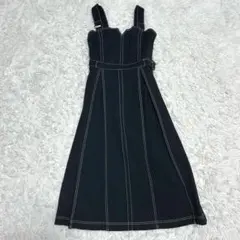 レトロガール　ジャンスカ　デニム　黒　フレア　ロングワンピ　F