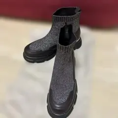 サイドゴアブーツ ダークブラウン シルバーラメ