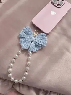 ハンドメイド リボン型パールビーズ スマホストラップ