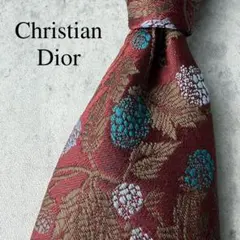 美品 Christian Dior ジャガード 植物 花柄 ネクタイ ボルドー
