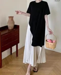 配色切替大きいサイズレディースゆったりロングワンピース夏　半袖　薄手　体型カバー