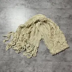 クリーム色 フリンジ付きニットストール