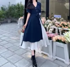 【ラスト1点】シャツワンピース　Aライン　オルチャン　韓国　 半袖　バイカラー