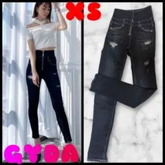 美品 GYDA ハイウエストフロントGGファスナーダメージスキニーデニムパンツ