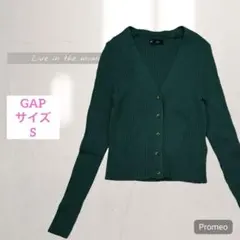 美品【ギャップ】GAP/長袖リブニットカーディガン/グリーン/Vネック/S/羽織