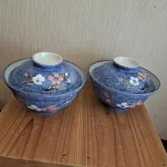 青色 陶器蓋つき 丼 茶碗　2客セット 花の装飾　レトロ