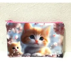 479】ハンドメイド★桜と猫ちゃん★可愛いふわふわ横長ポーチ