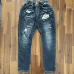 エフオーキッズ、ダメージ加工ダークブルーストレッチ素材、デニムパンツ
