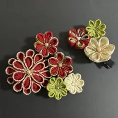 つまみ細工　髪飾り　赤　アイボリー　草色　成人式　七五三　卒業式