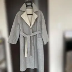 グレー ウール混紡 ノーカラー ロングコート