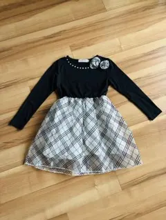 美品◎フォーマルワンピース長袖ドレス 黒と白のチェック柄　140 即日発送