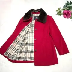 極美品 BURBERRY ダッフル 36 赤 ノバチェック フード付 上質ウール