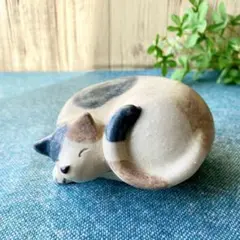 ねこの小物入れ　陶器　陶箱　置物　アンモニャイト　眠り猫　癒し　オブジェ　2
