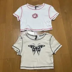 H&M クロップドTシャツ 2枚セット 太陽 蝶Y2K S XSのサムネイル