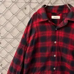 オンブレチェック　長袖シャツ　レッド×ブラック　Mサイズ