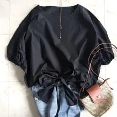 美品　グレースクラス　半袖ブラウス　コットン100 リボン　ゆったり　ブラックのサムネイル