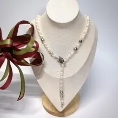 本真珠　あこやパール　9.3～7.5mm　水晶　シルバー　Y字　ロングネックレス