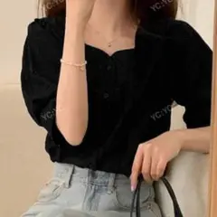 無地柄 パフスリーブ ボタンフロント ブラウス　ブラック