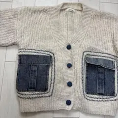アイボリー ニットカーディガン デニムポケット付き