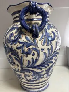 イタリア製 セラミック 青と白の陶器花瓶 フラワーベース 極美品 激安