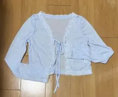 SHEIN ボレロ カーディガン ライトブルー ストライプ柄 レース付き