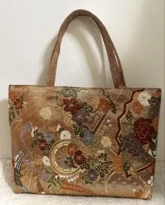 着物帯リメイク 和風花柄刺繍トートバッグ ハンドメイド A4サイズ対応