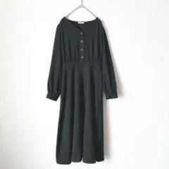 1421 コルザ ロングフレアワンピース 黒 M ギャザー ゴム ハニーズ