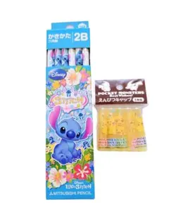 ディズニー★スティッチ三菱かきかた鉛筆12本（2B） ポケモン鉛筆キャップ