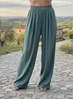 Jasmi シルク　グリーン ワイドパンツ Fサイズ