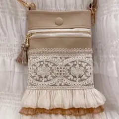 スマホショルダー スマホポシェット サコッシュ インド刺繍リボン フェイクレザー