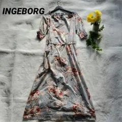 インゲボルグ　ロングワンピース　花柄　ギャザー　リボン　マルチカラー　水色　M