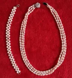 淡水ピンクパール 3連 ネックレス 薔薇 シルバー刻印 ブレスレット 2点セット