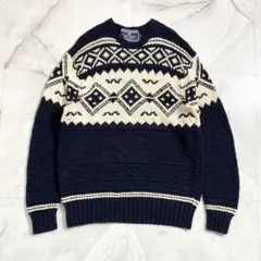 A18323 美品 ポロスポーツ 90s ノルディック柄ハンドニット 紺系 M