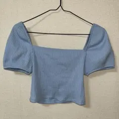 H&Mリブ編みライトブルー半袖トップス S