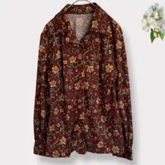 花柄　シャツ　ブラウス　ブラウン　【M相当】　レトロ　ヴィンテージ　古着女子