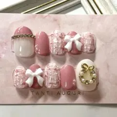 サイズオーダー ネイルチップ ピンク ツイード リボン 推し活 パール
