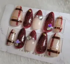 バレンタインネイル　バーガンディ　ネイルチップ