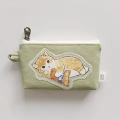 ハンドメイド 茶白 猫 ポテチ 薄グリーン 帆布ミニポーチ