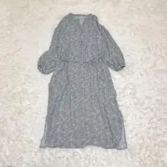 バンドカラー シャツワンピース ロングワンピース 花柄 紐ベルト ボリューム袖