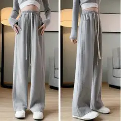 ワイドパンツ ゆったり　ポケット　韓国　ゆったり　美脚　着痩せ　無地　グレー