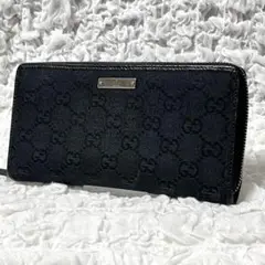 良品✨グッチ 長財布 ラウンドファスナー GG キャンバス シルバープレート 黒