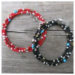 【2set】 55cm ネイティブカラー ビーズネックレス Red&Black