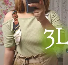 パステルライム❤️3L◆スカーフモチーフのリブ模様ブラウス