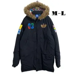 希少 adidas ワッペン ファー付 ダウンジャケット 黒 M-L