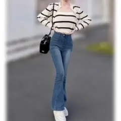 美シルエットフレアハイウエストデニムパンツ ブーツカット ストレッチ