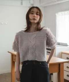 mideal フェイクファースリーブケーブルニット グレーのサムネイル