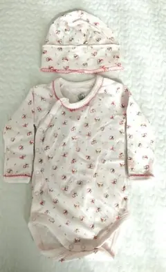 プチバトー　ピンク花柄ベビー肌着と帽子セット